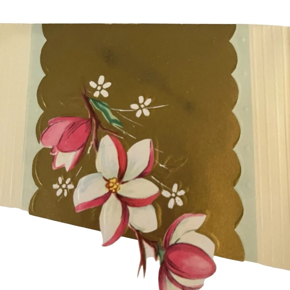 Unused Vintage Easter Greeting Card Pink White Flowers Gold Quaint Shop Original